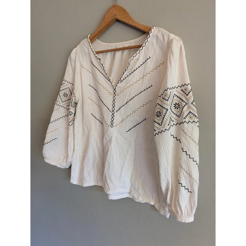 Madewell Peasant Top 100% Cotton Cream Embroidered Puff Sleeve Notch Neck Boho